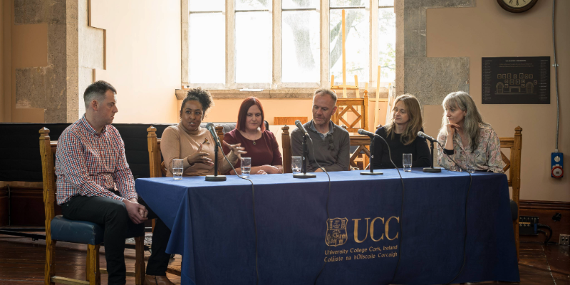 Pictured left to right: Conchubhar Ó Luasa - UCC/Irish-Language Artist in Residence 2025; Tatiana dos Santos - UCC/Cork Opera House Artist in Residence 2025; Ellen Dillon - UCC/Arts Council Writer in Residence 2025; Tom Hall - UCC/Arts Council Film Artist in Residence 2025; Laetitia Devaux - UCC/Literature Ireland/Nano Nagle Place Literary Translator in Residence 2025, and Eithne Ní Chatháin - UCC/Arts Council Traditional Artist in Residence 2025. Image: Marcin Lewandowski 



